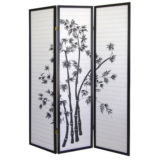 3-Panel Room Divider Privacy Screen with Bamboo Design Black White-Novel Home