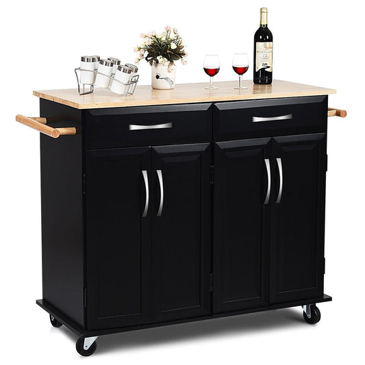 Kitchen > Kitchen Carts - Black Kitchen Island Storage Cabinet Cart With Wood Top And Wheels