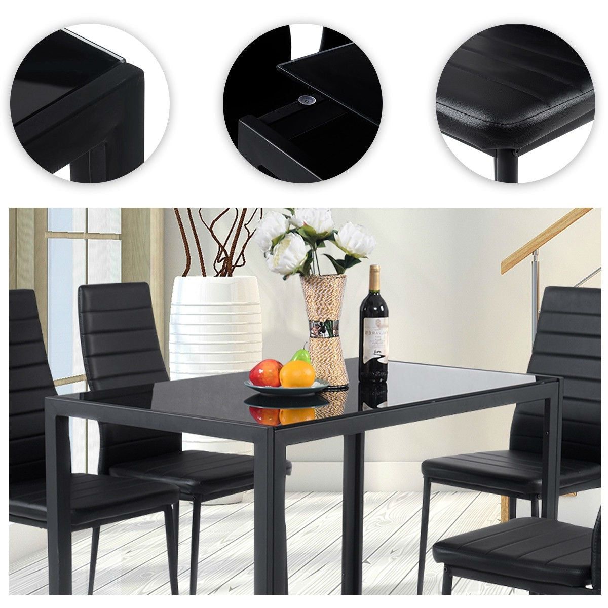 Dining > Dining Sets - 5 Piece Black Glass Tabletop Dining Set With Soft Leather Chairs