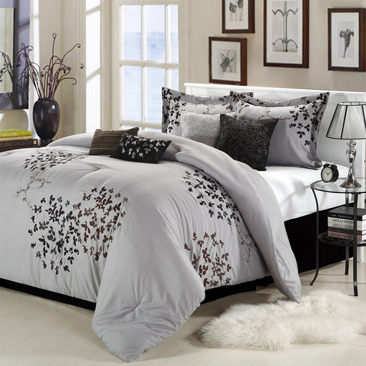 Bedroom > Comforters And Sets - Queen Size 8-Piece Comforter Set In Silver Gray Black Brown Floral