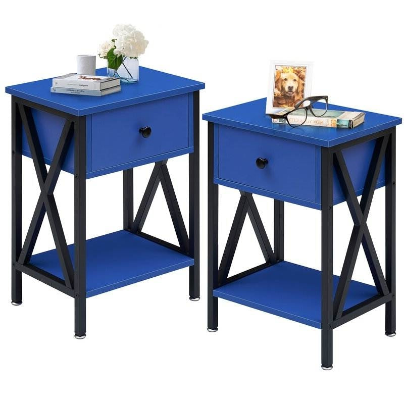 Bedroom > Nightstand And Dressers - Set Of 2 - 1 Drawer Nightstand In Dark Blue And Black