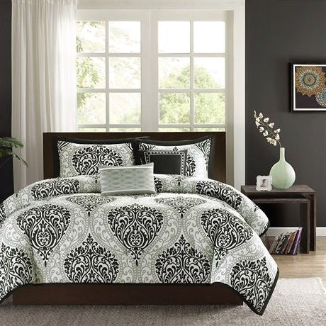 Bedroom > Comforters And Sets - California King Size 5-Piece Black White Damask Comforter Set
