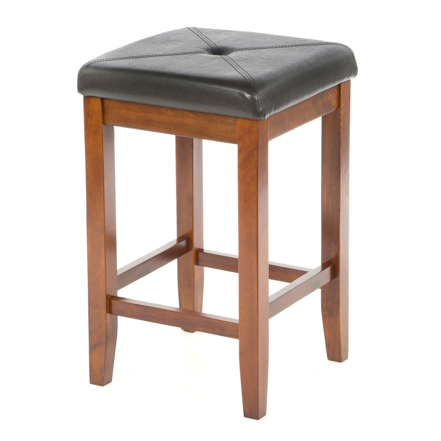 Dining > Barstools - Set Of 2 - 24-inch High Cherry Bar Stools W/ Cushion Faux Leather Seat