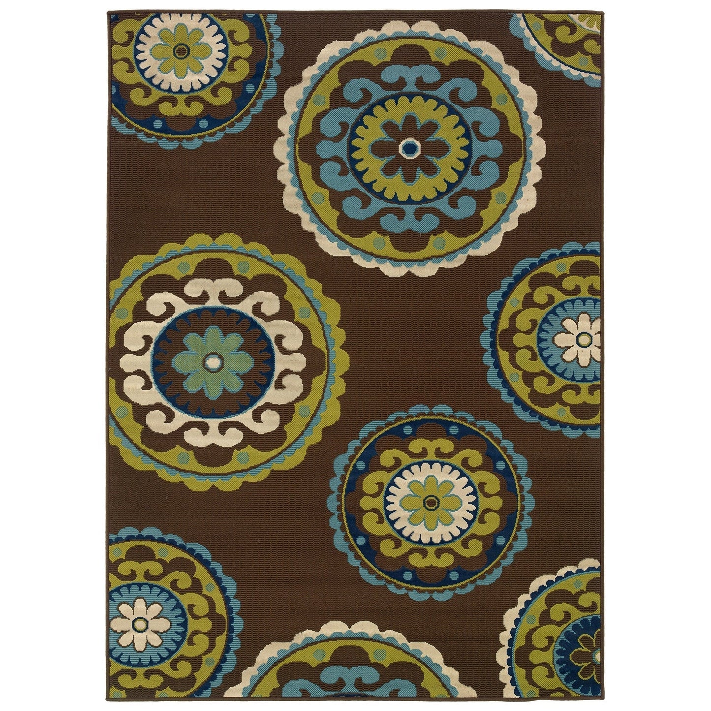 Accents > Rugs - 7'10 X 10'10 Outdoor/Indoor Area Rug In Brown Teal, Green Yellow Circles