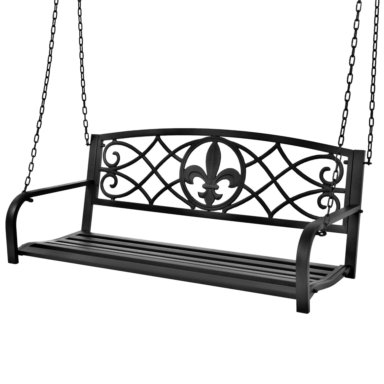 Outdoor > Outdoor Furniture > Porch Swings And Gliders - Farmhouse Black Sturdy 2 Seat Porch Swing Bench Scroll Accents