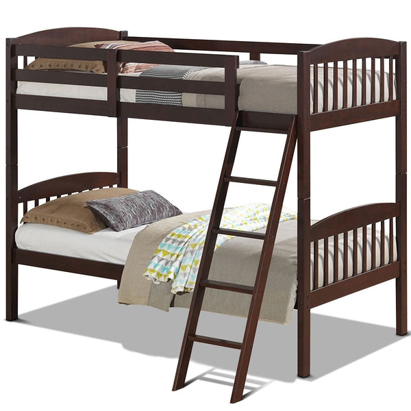 Bedroom > Bed Frames > Bunk Beds - Twin Over Twin Wooden Bunk Bed With Ladder In Dark Brown Finish