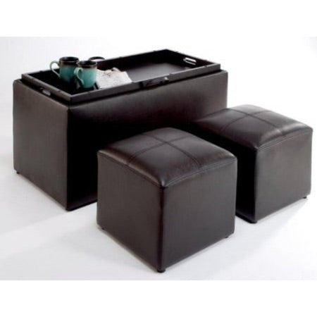 Living Room > Coffee Tables - Faux Leather Storage Bench Coffee Table With 2 Side Ottomans