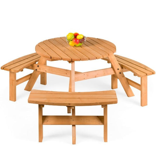 Outdoor > Outdoor Furniture > Garden Benches - Outdoor Round Wood Picnic Table Bench Set With Umbrella Hole - Seats 6