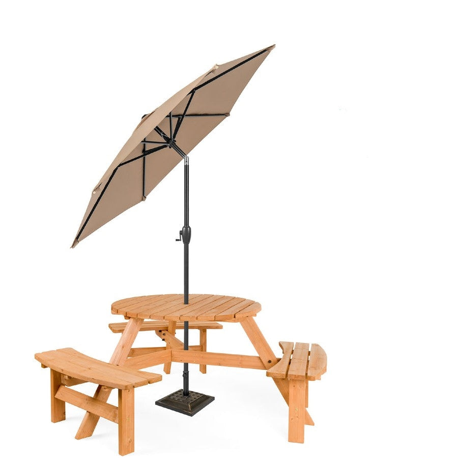 Outdoor > Outdoor Furniture > Garden Benches - Outdoor Round Wood Picnic Table Bench Set With Umbrella Hole - Seats 6