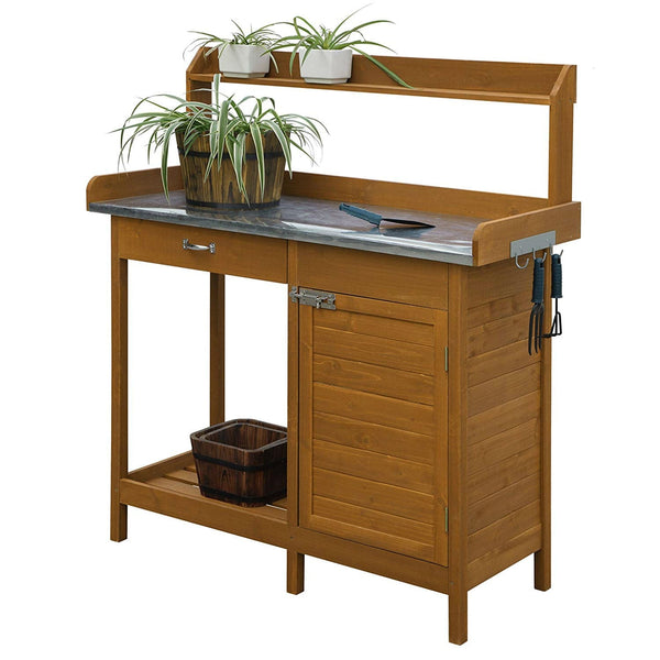 Outdoor > Gardening > Potting Benches - Outdoor Home Garden Potting Bench With Metal Table Top And Storage Cabinet