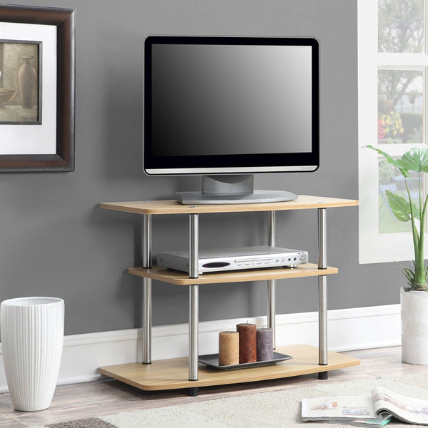 Living Room > TV Stands And Entertainment Centers - Modern TV Stand Light Oak Wood Finish With Sturdy Stainless Steel Poles