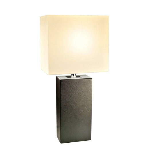 Lighting > Table Lamps - Contemporary Black Leather Table Lamp With White Fabric Shade