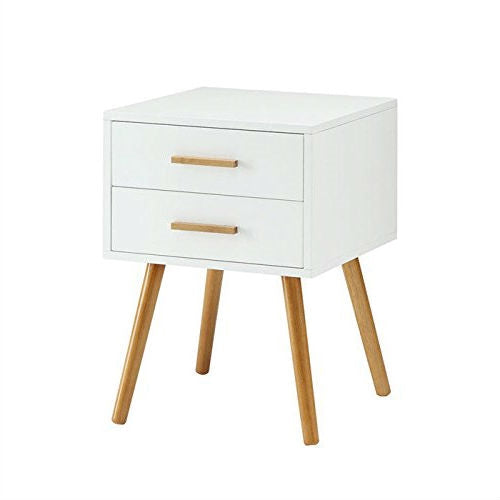 Living Room > Coffee Tables - Modern 2-Drawer End Table Nightstand In White With Mid-Century Style Wood Legs