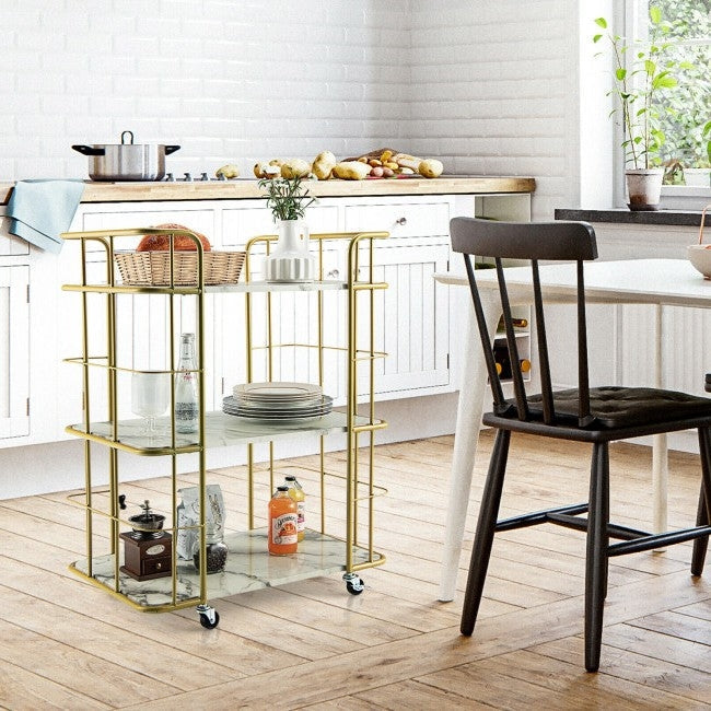 Kitchen > Kitchen Carts - 3 Tier Faux Marble Gold Rolling Bar Cart