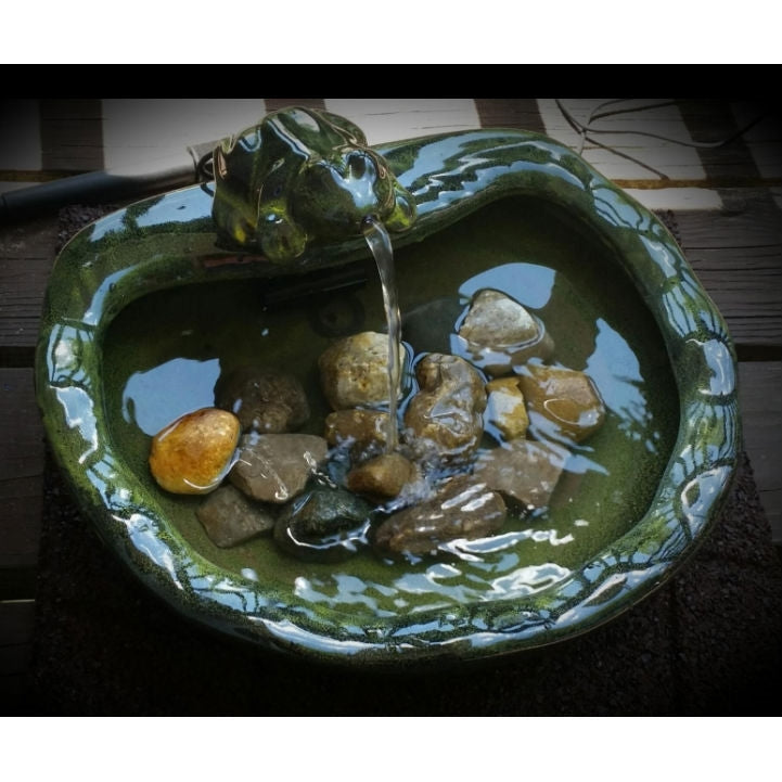 Outdoor > Outdoor Decor > Outdoor Fountains - Green Glazed Ceramic Fountain Bird Bath With Frog And Solar Pump