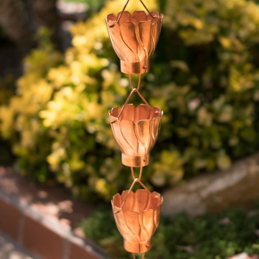 Outdoor > Gardening > Rain Chains - Copper 8.5 Ft Floral Petal Cups Rain Chain