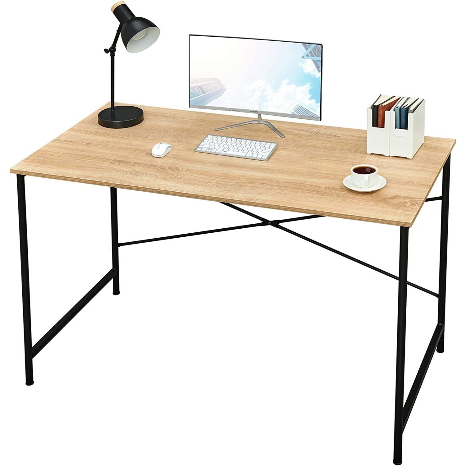 Office > Computer Desks - Modern Home Office Computer Desk Table With Black Metal Frame Wood Top In Oak