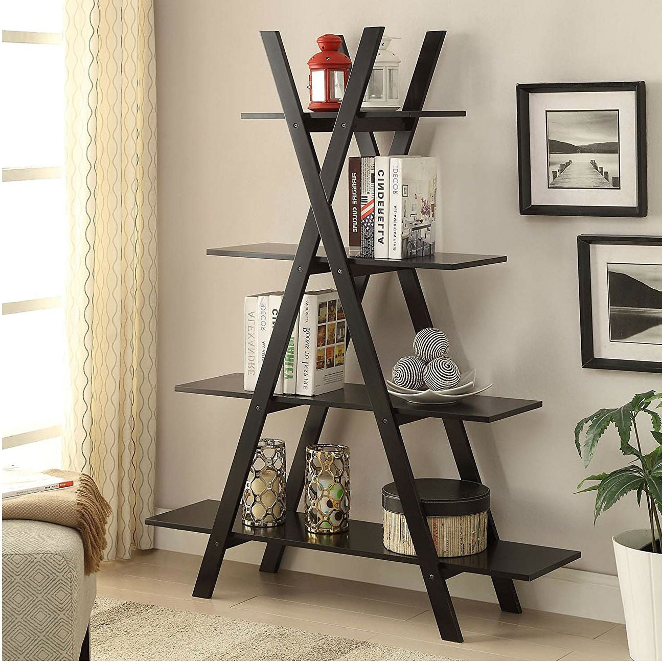Living Room > Bookcases - Modern A-Frame 4-Shelf Bookcase Bookshelf Display Shelves