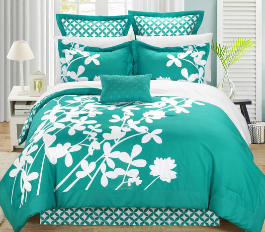 Bedroom > Comforters And Sets - Queen Size Turquoise 7-Piece Floral Bed In A Bag Comforter Set