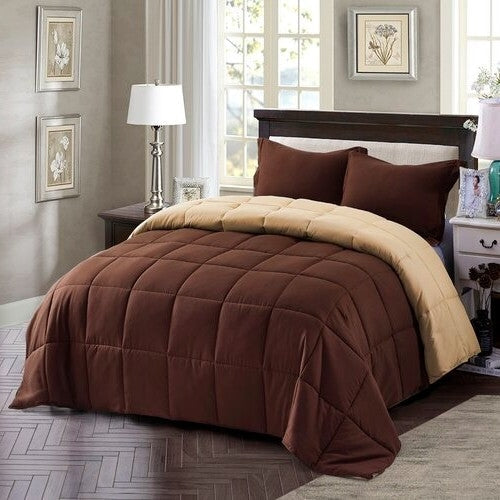 Bedroom > Comforters And Sets - Full/Queen Traditional Microfiber Reversible 3 Piece Comforter Set In Brown