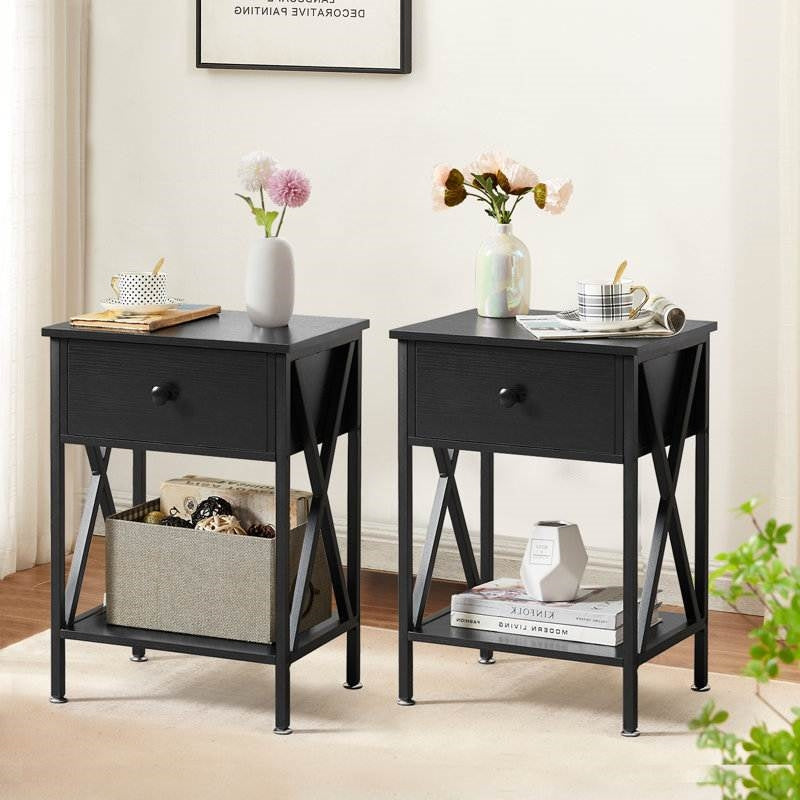 Bedroom > Nightstand And Dressers - Set Of 2 - Rustic 1 Drawer Black Nightstand With X-Shaped Sides