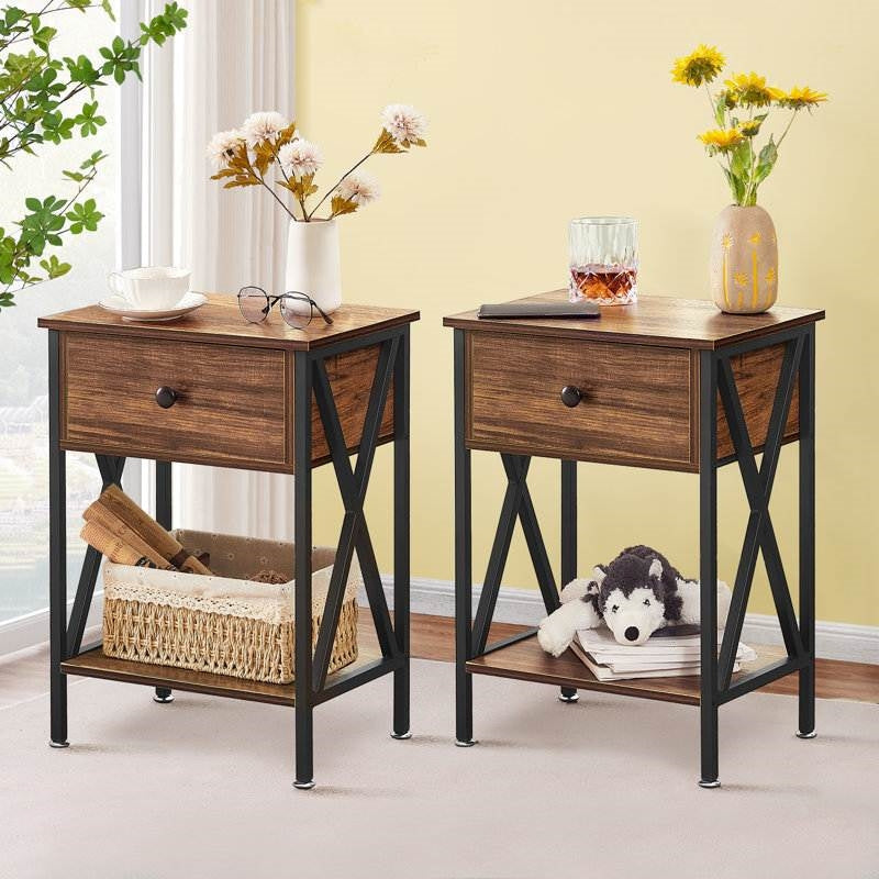 Bedroom > Nightstand And Dressers - Set Of 2 - Rustic 1 Drawer Nightstand In Brown And Black Wood Finish