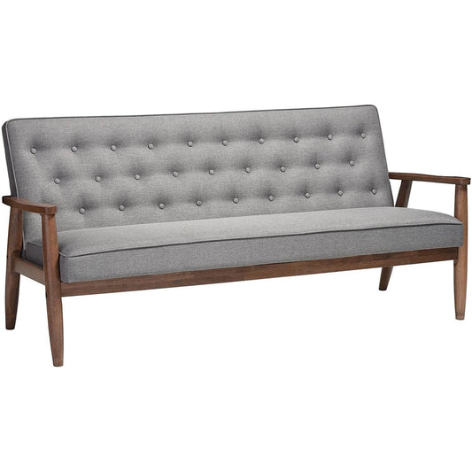Living Room > Sofas - Modern Grey Button-Tufted Upholstered Sofa With Dark Walnut Wood Finish Frame