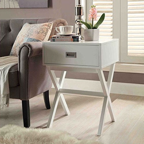 Living Room > Coffee Tables - White Modern 1-Drawer End Table Nightstand With X-Legs