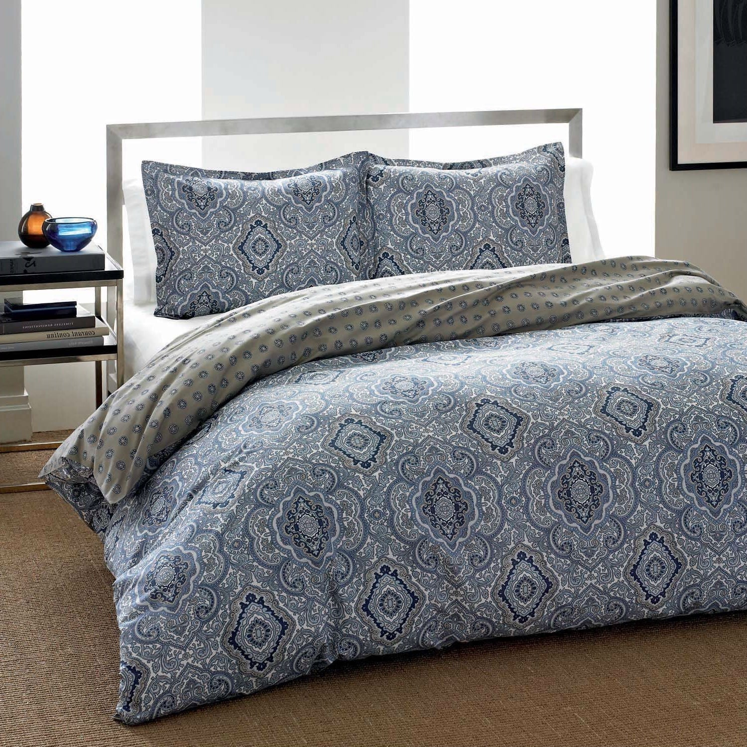 Bedroom > Comforters And Sets - Full / Queen Cotton Comforter Set With Grey Blue Damask Pattern