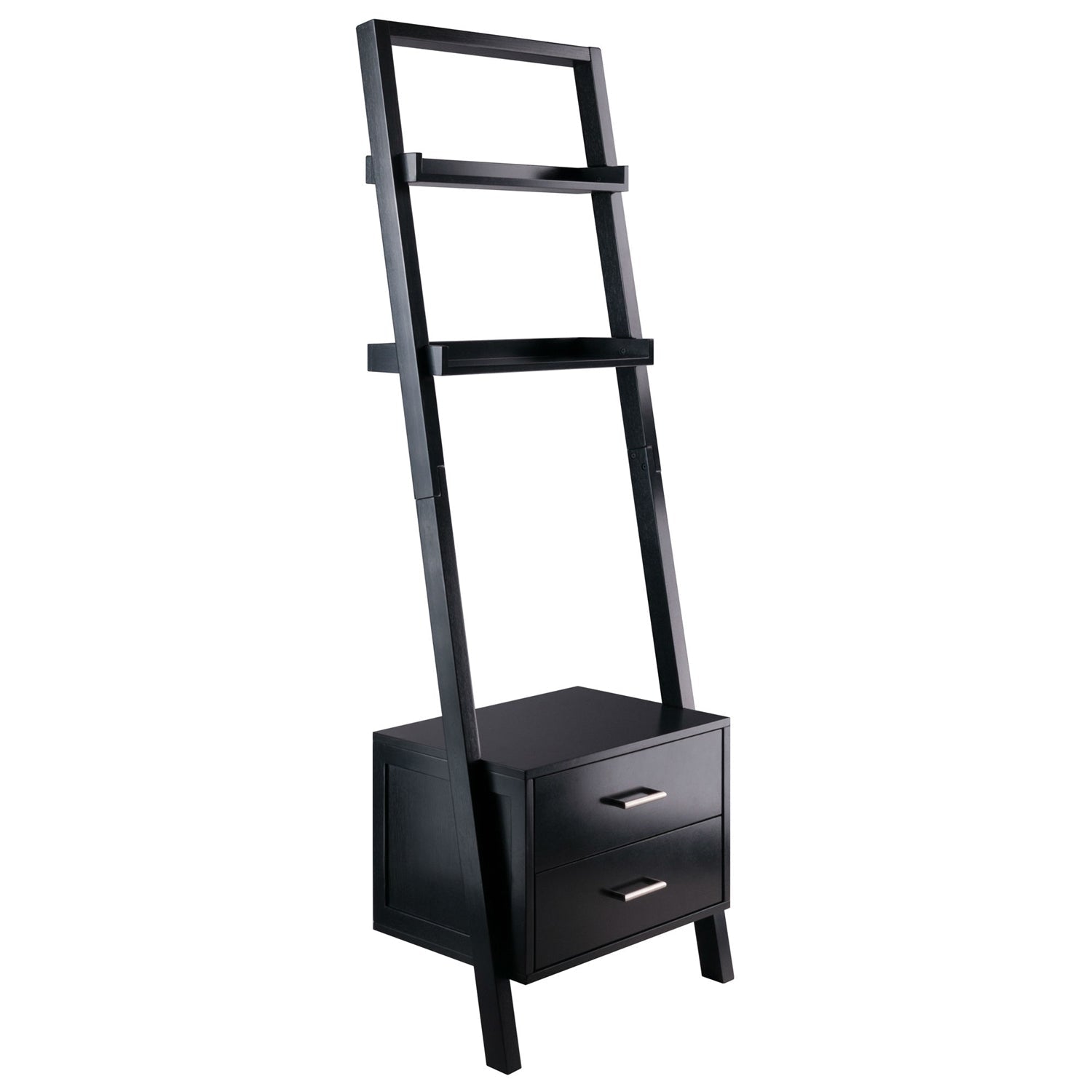 Living Room > Bookcases - Modern Black 2 Drawer Entryway Shelf Leaning Ladder Bookshelf Bookcase