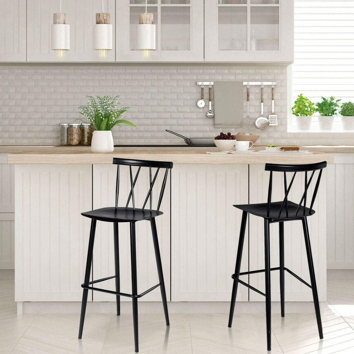 Dining > Barstools - Set Of 2 Black Steel Bar Height Barstool Dining Chairs