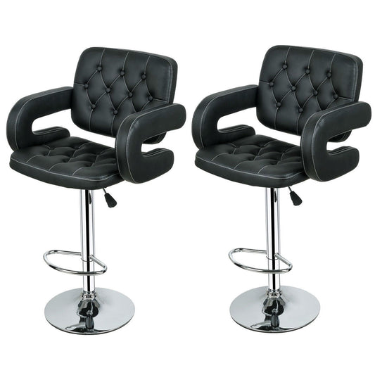 Dining > Barstools - Set Of 2 Black Faux Leather Swivel Bar Stools Adjustable Pub Chair