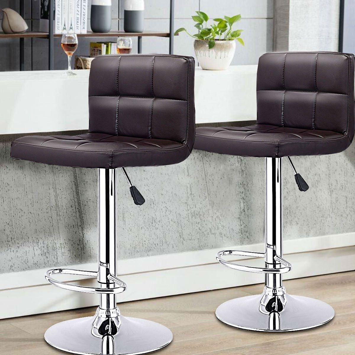 Dining > Barstools - Set Of 2 Brown Faux Leather Swivel Bar Stools Pub Chairs
