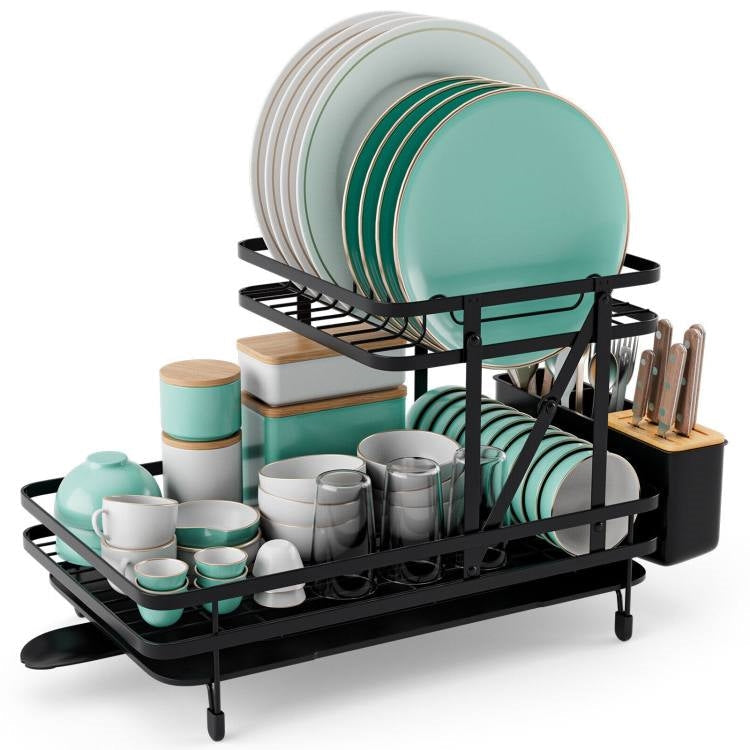 Kitchen > Cookware Sets - 2 Tier Black Metal Foldable Dish Rack With Removable Drip Tray
