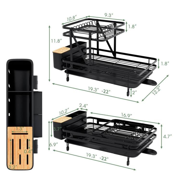 Kitchen > Cookware Sets - 2 Tier Black Metal Foldable Dish Rack With Removable Drip Tray