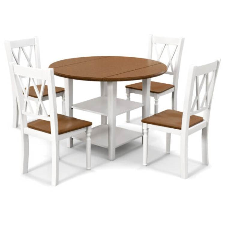 Dining > Dining Sets - Round Drop Leaf Dining Table Set With 4 Chairs In White/Walnut Wood Finish
