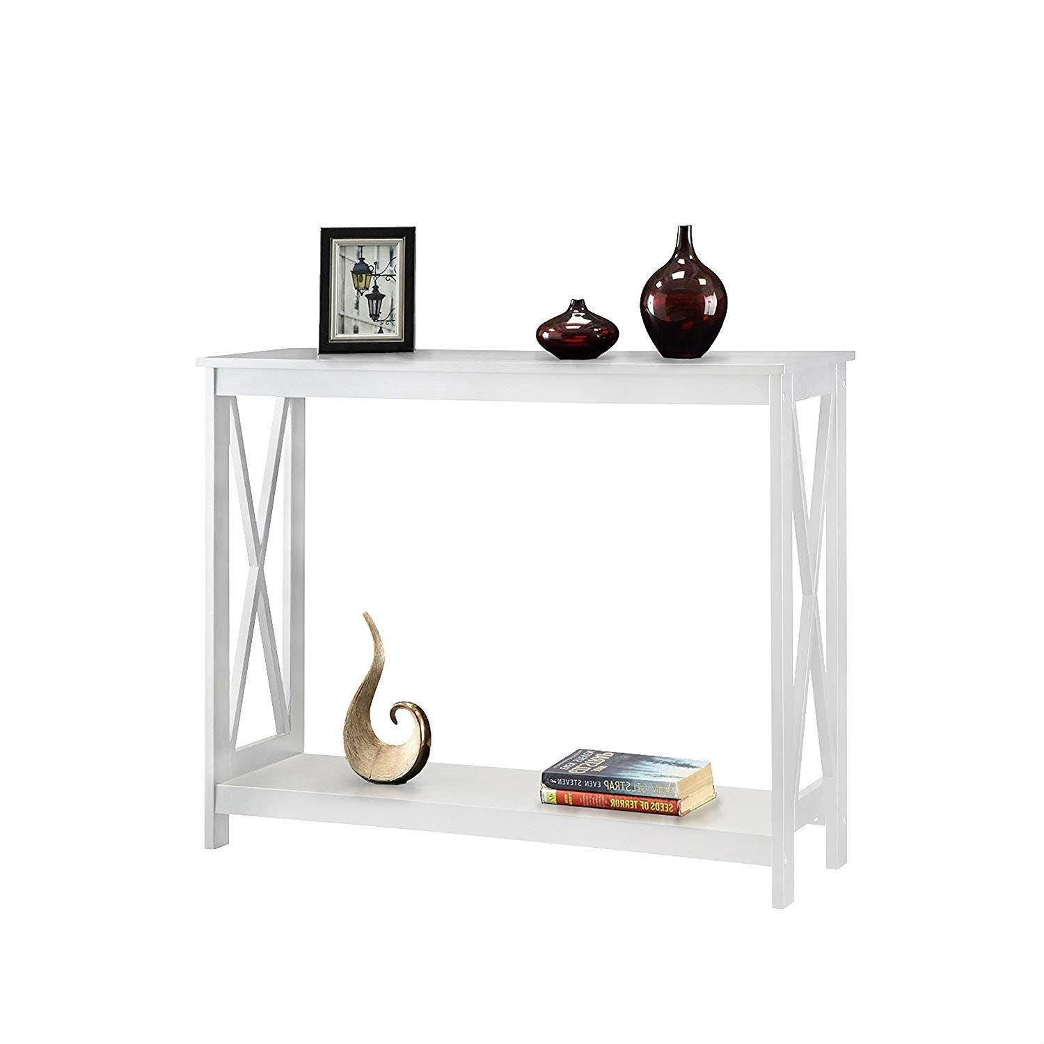 Living Room > Console & Sofa Tables - White Wood Console Sofa Table With Bottom Storage Shelf