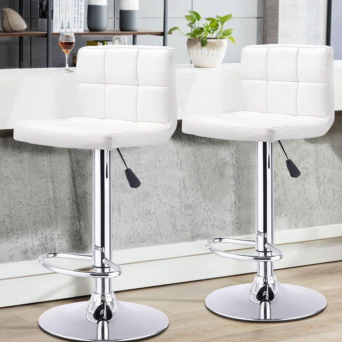 Dining > Barstools - Set Of 2 White Faux Leather Swivel Bar Stools Pub Chairs
