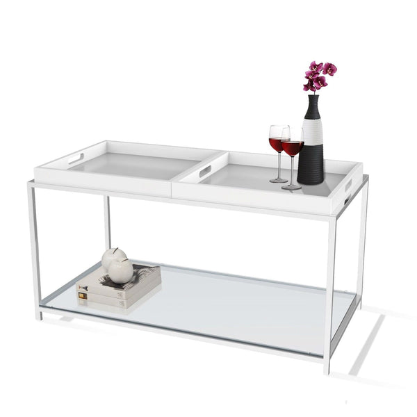 Living Room > Coffee Tables - Modern Chrome Metal Coffee Table With 2 White Removable Trays