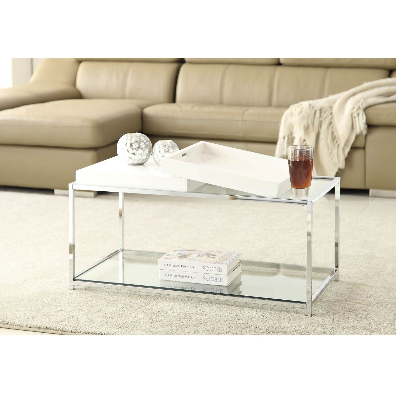 Living Room > Coffee Tables - Modern Chrome Metal Coffee Table With 2 White Removable Trays