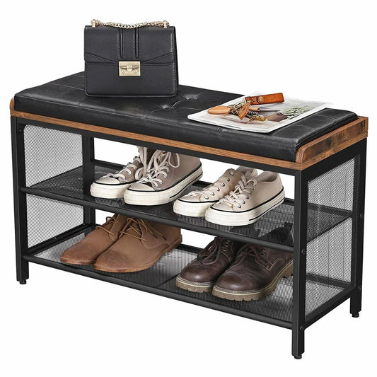Accents > Shoe Racks - Black Metal Entryway Shoe Rack Storage Bench With Padded Seat Cushion