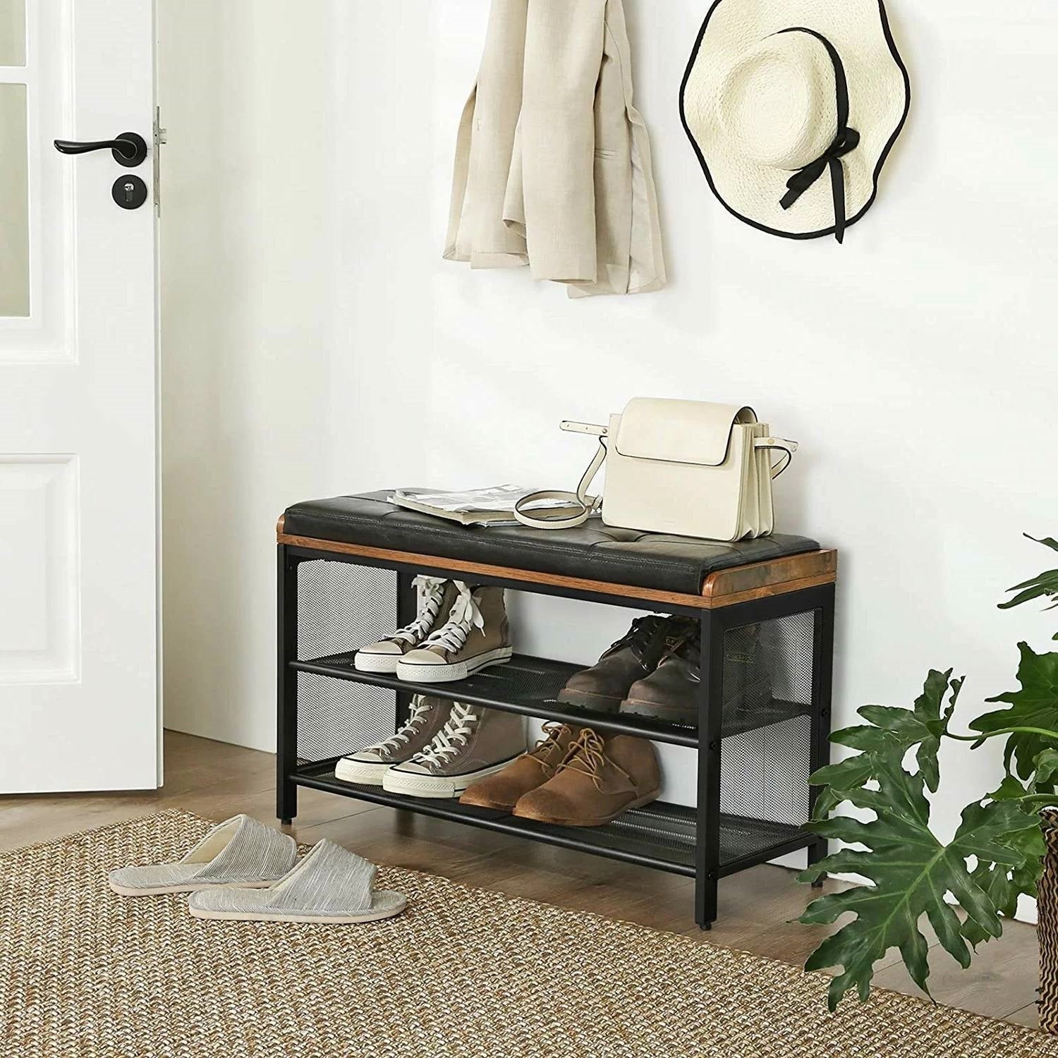 Accents > Shoe Racks - Black Metal Entryway Shoe Rack Storage Bench With Padded Seat Cushion