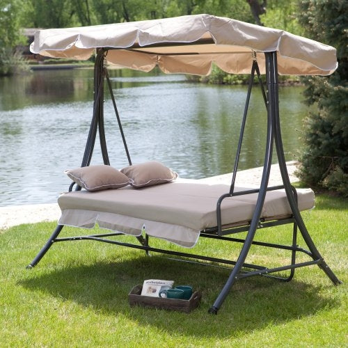 3-Person Canopy Swing Outdoor Porch Patio Furniture in Taupe-Novel Home