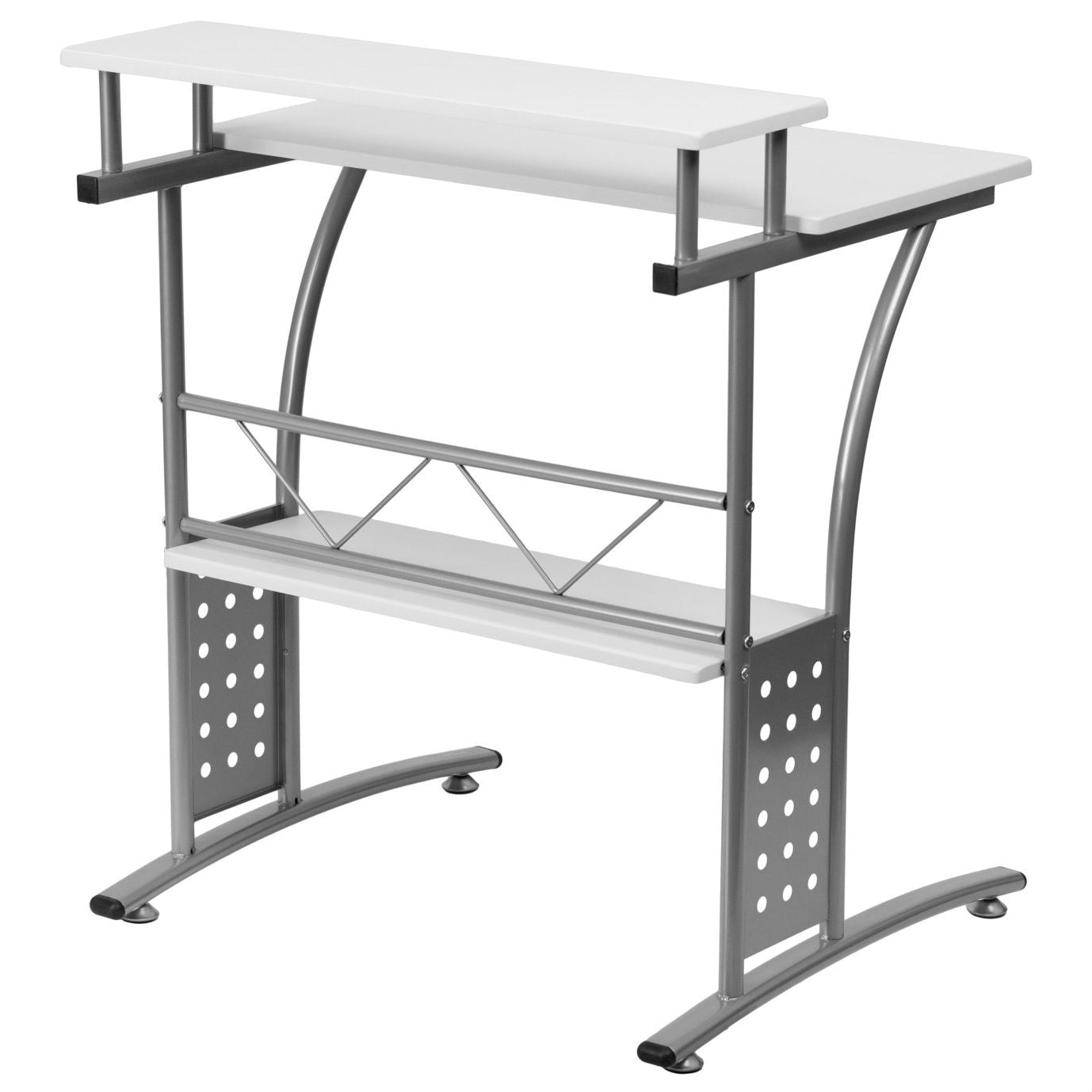 Office > Computer Desks - Modern Metal Frame Computer Desk With White Laminate Top And Raised Shelf