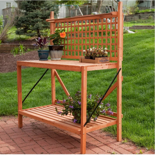 Outdoor > Gardening > Potting Benches - Outdoor Weather-Resistant Fir Wood Potting Bench Garden Table With Lattice Back