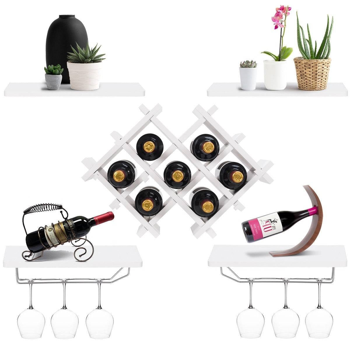 Kitchen > Wine Racks And Coolers - White 5-Piece Wall Mounted Wine Rack Set With Storage Shelves