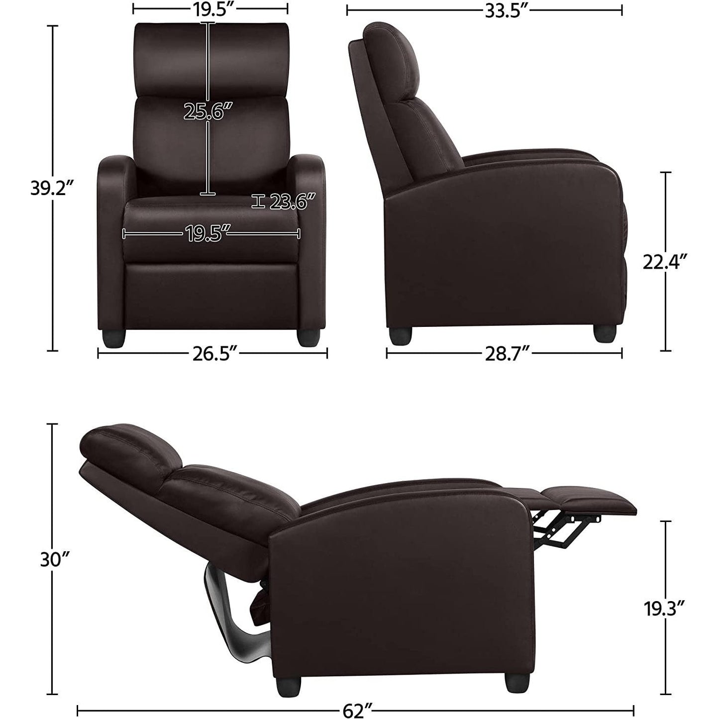 Living Room > Recliners And Chaise Lounge - Dark Brown High-Density Faux Leather Push Back Recliner Chair