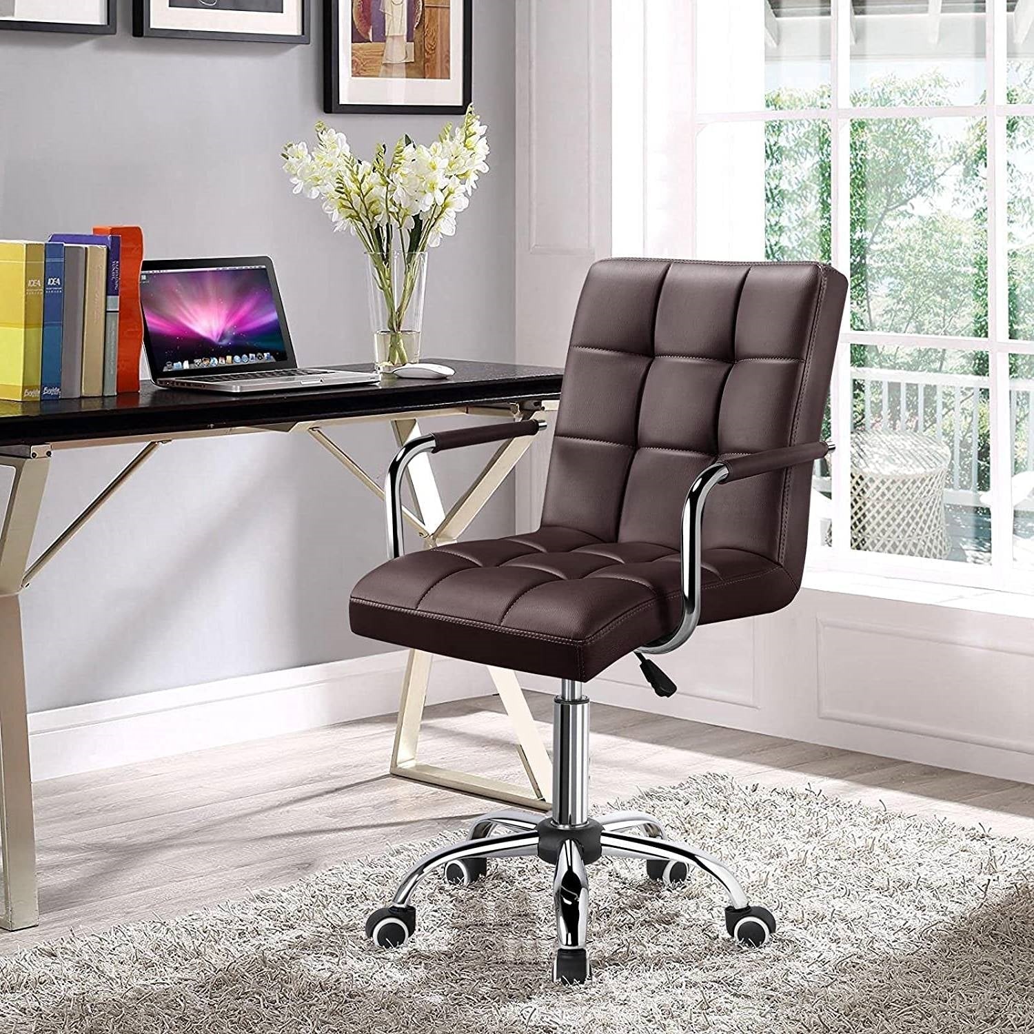 Office > Office Chairs - Dark Brown Modern Faux Leather Mid-Back Office Chair With Armrests And Wheels