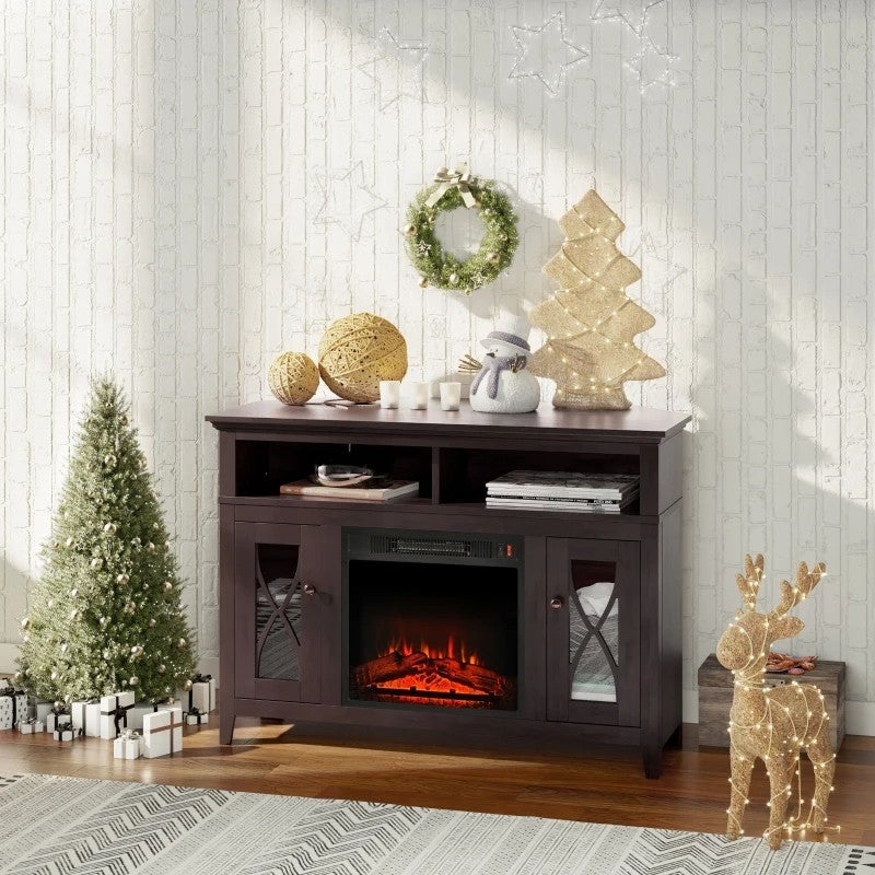 Accents > Electric Fireplaces - Espresso Electric Fireplace Mantel TV Stand W/ Adjustable Shelves 2 Storage Cabinets