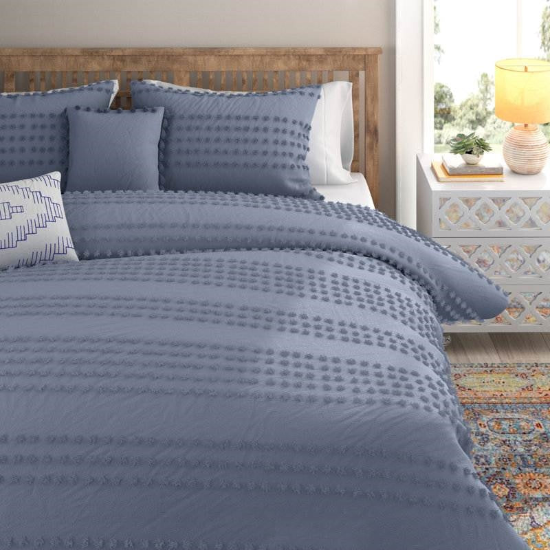 Bedroom > Comforters And Sets - King Size 5-Piece 100-Percent Cotton Clip Dot Boho Comforter Set In Denim Blue